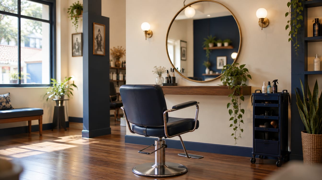 Interior de um salão de cabelo com cadeira e espelho redondo