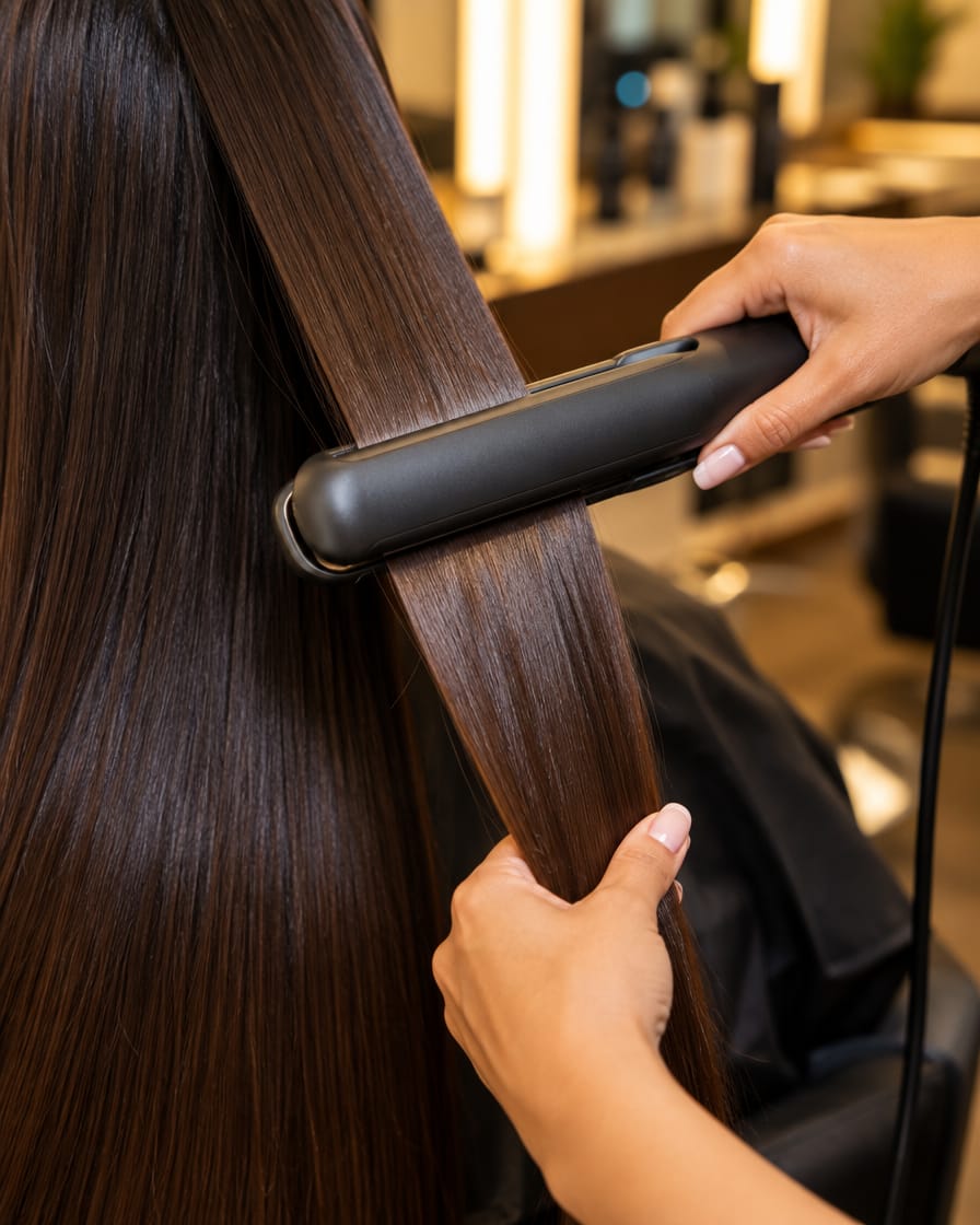 Mãos alisando cabelo com prancha