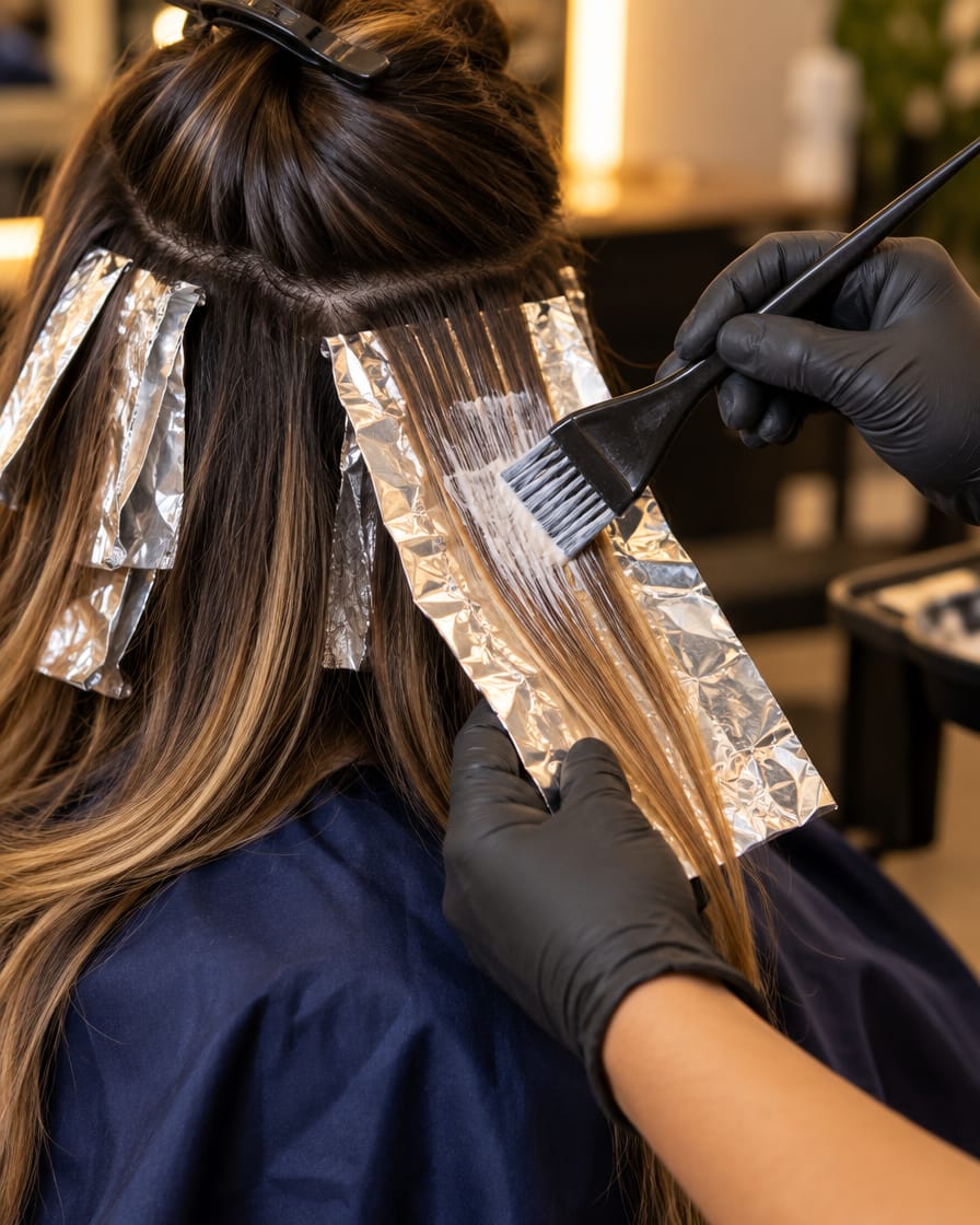 Mechas de cabelo sendo preparadas com papel alumínio