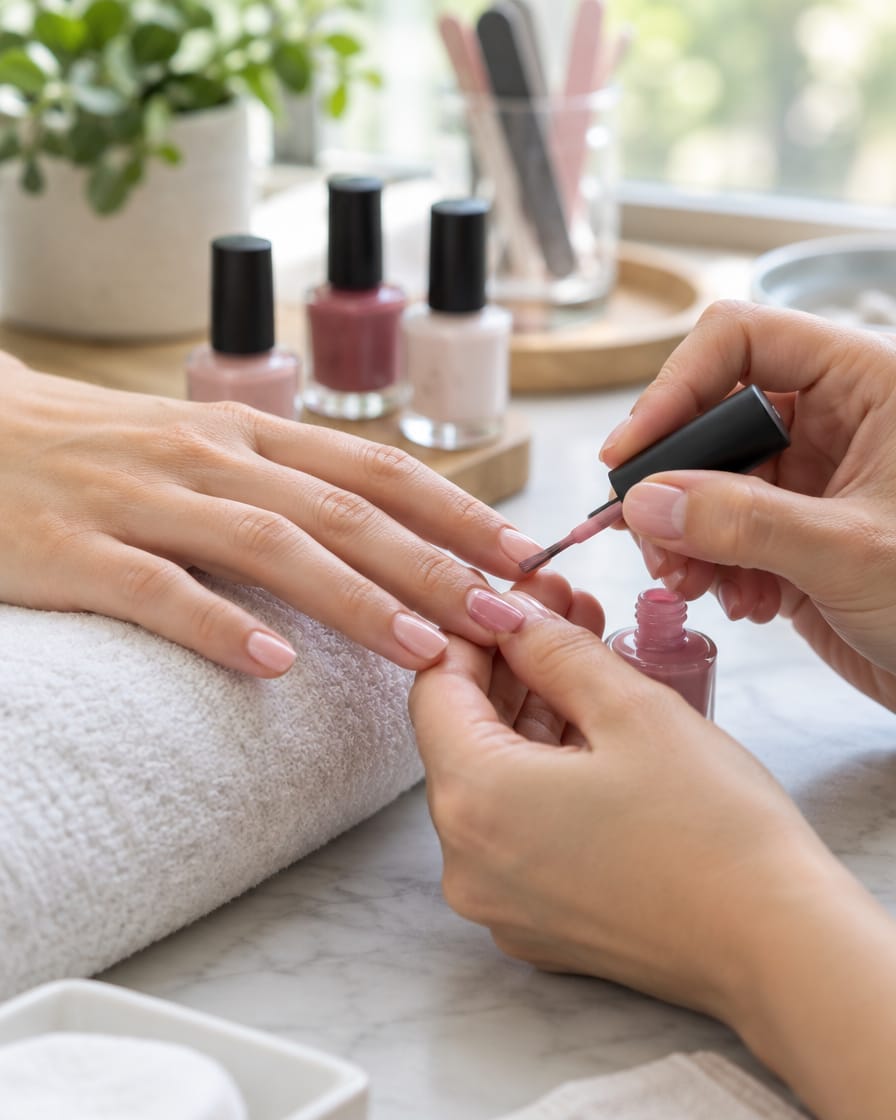 Mãos aplicando esmalte nas unhas