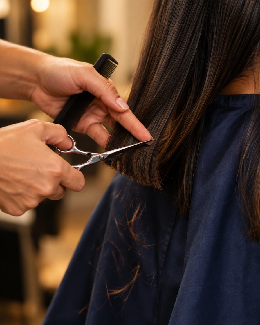 Mãos cortando cabelo com tesoura